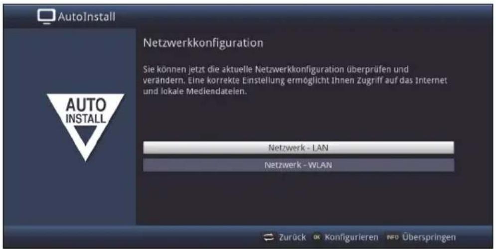 AutoInstall Netzwerkkonfiguration Sie können jetzt die aktuelle Netzwerkkonfiguration überprüfen und verändern. Eine korrekte Einstellung ermöglicht Ihnen Zugriff auf das Internet und lokale Mediendateilen. Netzwerk - LAN Netzwerk - WLAN Zurück € Konfigurieren €€ Überspringen