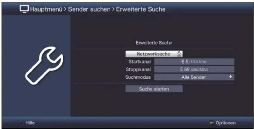 Hauptmenü > Sender suchen > Erweiterte Suche Erweiterte Suche Netzwerksuche Startkanal E 5 (177.5 MHz) Stoppkanal E 69 (USB.0 MHz) Suchmodus Alle Sender Suche starten Hilfe Optionen
