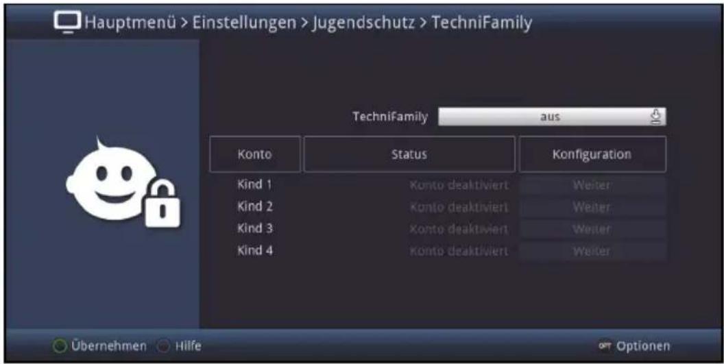 Hauptmenü > Einstellungen > Jugendschutz > TechniFamily TechniFamily aus Konto Status Konfiguration Kind 1 Konto deaktiviert Weiter Kind 2 Konto deaktiviert Weiter Kind 3 Konto deaktiviert Weiter Kind 4 Konto deaktiviert Weiter Übernehmen Hilfe Options