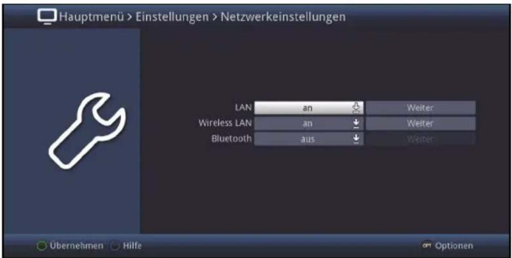 Hauptmenü > Einstellungen > Netzwerkeinstellungen LAN an Weiter Wireless LAN an ↓ Weiter Bluetooth aus ↓ Weiter Übernehmen Hilfe Optionen