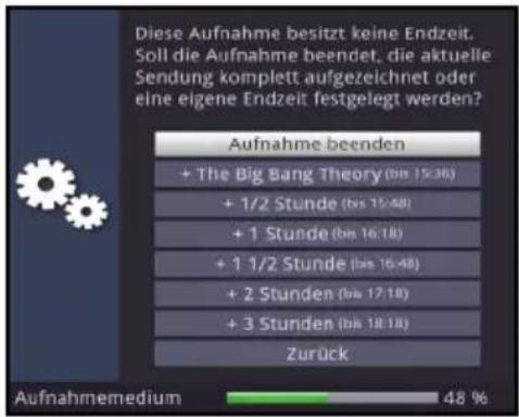 Diese Aufnahme besitzt keine Endzeit. Soll die Aufnahme beendet, die aktuelle Sendung komplett aufgezeichnet oder eine eigene Endzeit festgelegt werden? Aufnahme beenden + The Big Bang Theory (bis 15:36) + 1/2 Stunde (bis 15:48) + 1 Stunde (bis 16:18) + 1 1/2 Stunde (bis 16:48) + 2 Stunden (bis 17:18) + 3 Stunden (bis 18:18) Zurück Aufnahmemedium 48 %