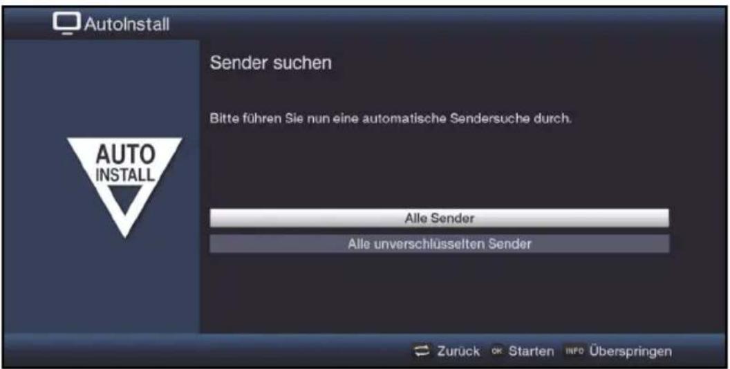 AutoInstall Sender suchen Bitte führen Sie nun eine automatische Sendersuche durch. AUTO INSTALL Alle Sender Alle unverschlüsselten Sender Zurück OK Starten INFO Überspringen