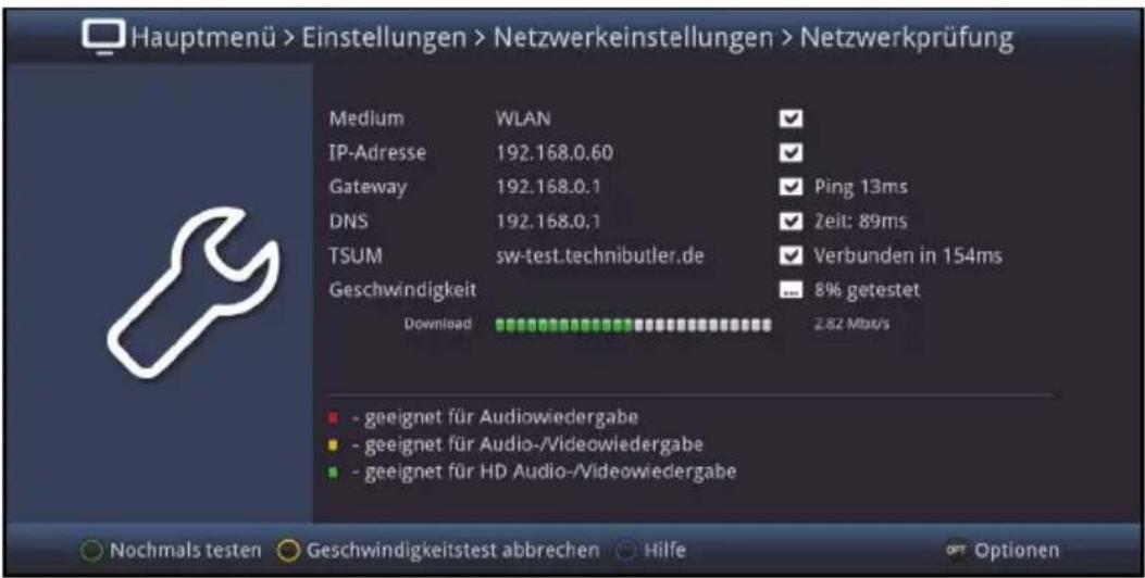 Hauptmenü > Einstellungen > Netzwerkeinstellungen > Netzwerkprüfung Medium WLAN IP-Adresse 192.168.0.60 Gateway 192.168.0.1 Ping 13ms DNS 192.168.0.1 Zeit: 89ms TSUM sw-test.technibutler.de Verbunden in 154ms Geschwindigkeit 8% getestet Download 2.82 Mbit/s - geeignet für Audiowiedergabe - geeignet für Audio-/Videowiedergabe - geeignet für HD Audio-/Videowiedergabe Nochmals testen Geschwindigkeitstest abbrechen Hilfe Optionen