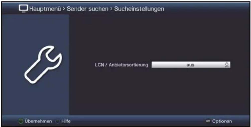 Hauptmenü > Sender suchen > Sucheinstellungen LCN / Anbietersortierung aus Übernehmen Hilfe optionen