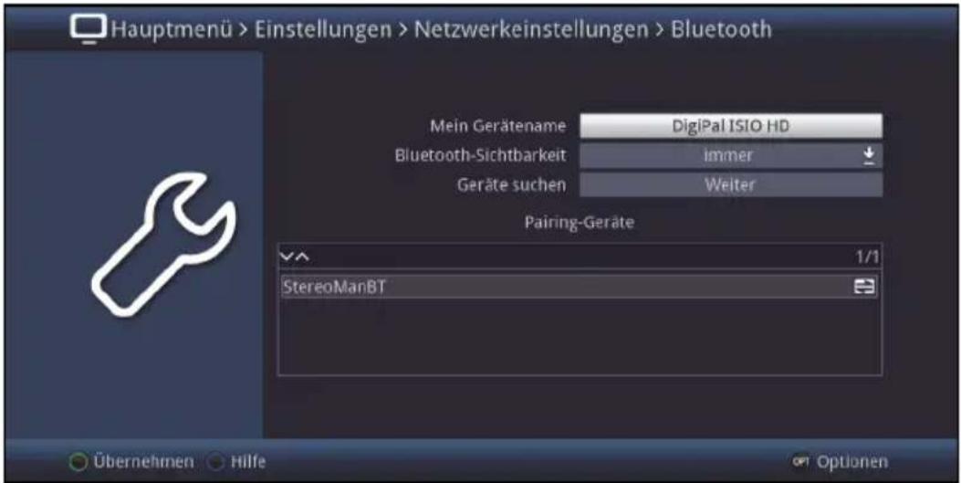 Hauptmenü > Einstellungen > Netzwerkeinstellungen > Bluetooth Mein Gerätename DigiPal ISIO HD Bluetooth-Sichtbarkeit immer Geräte suchen Weiter Pairing-Geräte 1/1 StereoManBT Übernehmen Hilfe OPT Optionen