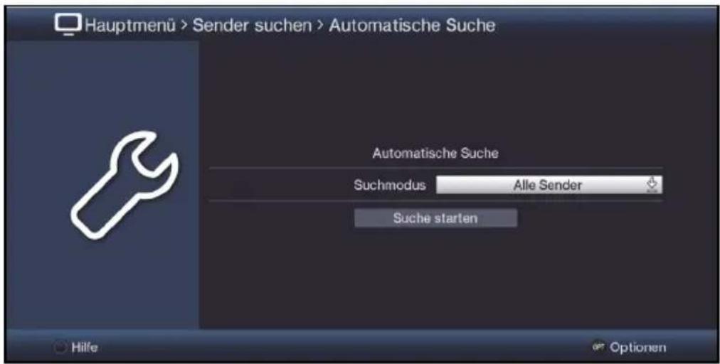 Hauptmenü > Sender suchen > Automatische Suche Automatische Suche Suchmodus Alle Sender Suche starten Hilfe Optionen
