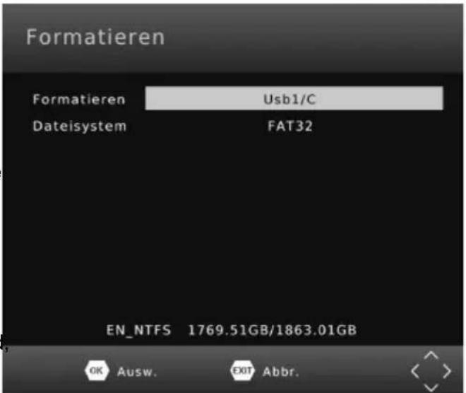Formatieren Formatieren Usb1/C Dateisystem FAT32 EN_NTFS 1769.51GB/1863.01GB OK Ausw. EXIT Abbr.
