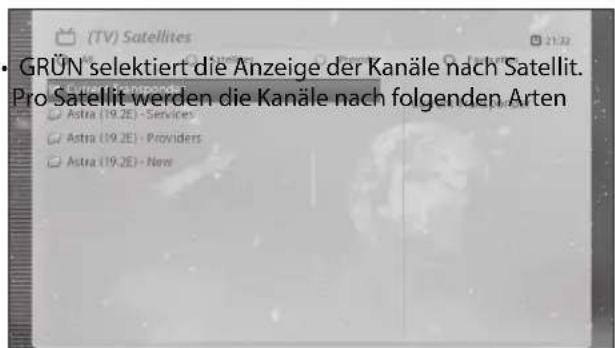 • GRÜN selektiert die Anzeige der Kanäle nach Satellit. Pro Satellit werden die Kanäle nach folgenden Arten