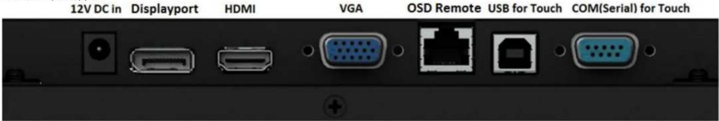 12V DC in Displayport HDMI VGA OSD Remote USB for Touch COM(Serial) for Touch