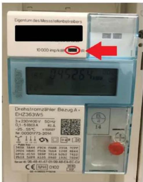 Eigentum des Messstellenbetreibers 10.000 imp/kW Drehstromzähler Bezug A - EHZ363W5 3 x 230/400 V 50 Hz 0,1-5(60)A KLA -25. 55°C V183027 Nr: 00301773-20M EL 4 14 CE M14 0102 20H GE -19803-P5006 R12