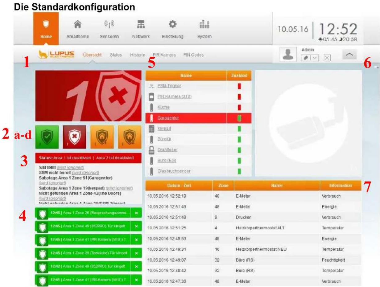 Die Standardkonfiguration Home Smarthome Sensoren Netzwerk Einstellung System 10.05.16 | 12:52 *05:45 ▶20:58 LUPUS Übersicht Status Historie PIR Kamera PIN Codes Admin 1 2 a-d 3 Status: Area 1 ist deaktivien | Area 2 ist deaktivien Süd töht (wird ignoriert) GSM nicht bereit (wird ignoriert) Sabotage Area 1 Zone 51(Garagentor) (wird ignoriert) Sabotage Area 1 Zone 19(keypad) (wird ignoriert) Nicht gefunden Area 1 Zone 42(The Doors) (wird ignoriert) Nicht gefunden Area 4 Zone 26(DSM Trieger) 4 12:48 | Area 1 Zone 26 (Bespruchungszzmve... 12:45 | Area 1 Zone 49 (BZFRO) Tür kängelt 12:45 | Area 1 Zone 41 (PIR-Kamera (NEU)) T 12:45 | Area 1 Zone 29 (Tebkünko) Tür kängelt 12:42 | Area 1 Zone 40 (BZFRO) Tür kängelt 12:41 | Area 1 Zone 41 (PIR-Kamera (NEU)) T 5 Name Zastond PSM-Trigger PIR Kamera (XT2) Küche Garagentor Kvypad Büroflör Drauflöser Büro (EG) Glasbruchsensor Datum - Zeit Zone Name Information 10.05.2016 12:52:19 48 E-Meter Verbrauch 10.05.2016 12:51:49 48 E-Meter Energie 10.05.2016 12:51:49 9 Drucker Verbrauch 10.05.2016 12:51:25 4 Heizkörperthermostat ALT Temperatur 10.05.2016 12:49:53 48 E-Meter Energie 10.05.2016 12:49:31 16 Heizkörperthermostat NEU Temperatur 10.05.2016 12:49:07 32 Büro (RS) Feuchtigkeit 10.05.2016 12:48:42 32 Büro (RS) Temperatur 10.05.2016 12:47:38 48 E-Meter Verbrauch