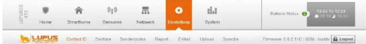 LUPUSEC XT2 Home Smarthome Sensoren Netzwerk Einstellung System Batterie Status 19.03.15 12:24 06-19 18:24 LUPUS ELECTRONICS Contact ID Zentraler Sondercodes Report E-Mail Upload Sprache Firmware: 0.0.2.11C | GSM inaktiv Logout