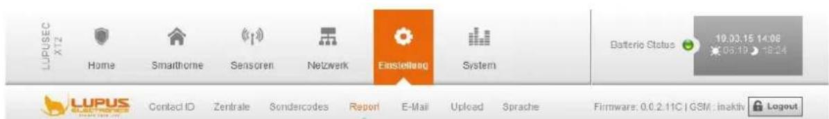 LUPUSEC X72 Home Smarthome Sensoren Netzwerk Einstellung System Batterio Status 19.03.15 14:06 03:15 18:24 LUPUS Contact ID Zentrale Sondercodes Report E-Mail Upload Sprache Firmware: 0.0.2.11C | GSM : inaktiv Logout