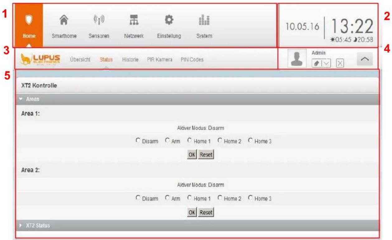 Home Smarthome Sensoren Netzwerk Einstellung System 10.05.16 | 13:22 *05:45 ▶20:58 LUPUS EUROCHINES Übersicht Status Historie PIR Kamera PIN Codes Admin XT2 Kontrolle Areas Area 1: Aktiver Modus: Disarm Disarm Arm Home 1 Home 2 Home 3 OK Reset Area 2: Aktiver Modus: Disarm Disarm Arm Home 1 Home 2 Home 3 OK Reset XT2 Status