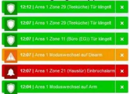 12:12 | Area 1 Zone 29 (Teeküche) Tür klingelt 12:07 | Area 1 Zone 29 (Teeküche) Tür klingelt 12:07 | Area 1 Zone 11 (Büro (EG)) Tür klingelt 12:07 | Area 1 Moduswechsel auf Disarm 12:07 | Area 1 Zone 21 (Haustür) Einbruchalarm 12:04 | Area 1 Moduswechsel auf Arm