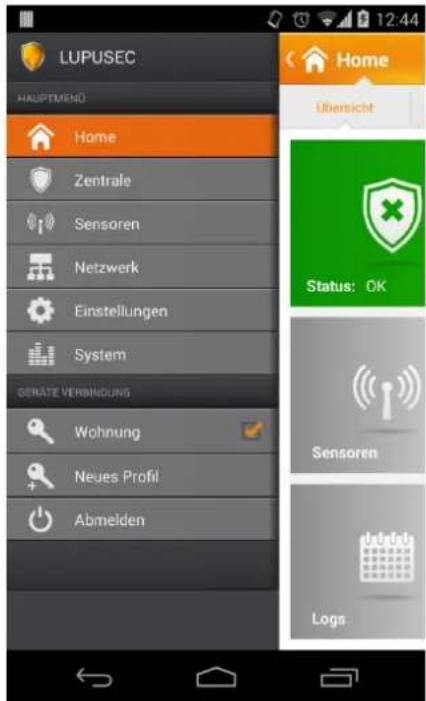LUPUSEC HAUPTMEND Home Zentrale Sensoren Netzwerk Einstellungen System GERÄTE VERBINDUNG Wohnung Neues Profil Abmelden Home Übersicht Status: OK Sensoren Logs