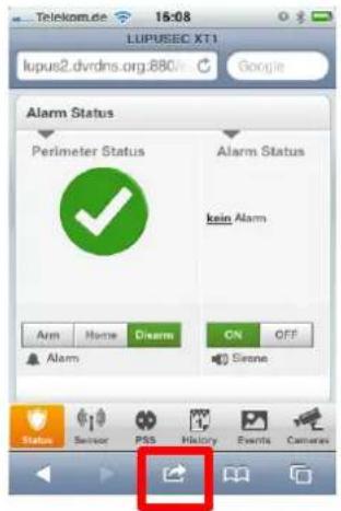 Telekom.de 15:08 LUPUSEC XT1 lupus2.dvrdns.org:880 Google Alarm Status Perimeter Status Alarm Status kein Alarm Arm Home Dreams ON OFF Alarm Sirone Status Sensor PSS History Events Cameras