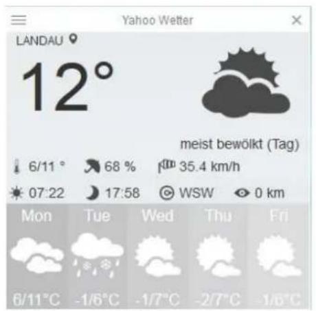 YAHOO Wetter LANDAU 12° meist bewölkt (Tag) 6/11° 68 % 35.4 km/h 07:22 17:58 WSW 0 km Mon Tue Wed Thu Fri 6/11°C -1/6°C -1/7°C -2/7°C -1/6°C