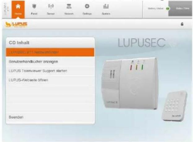 CD Inhalt LUPUSEC-ATT-Netwasserfänger Bänenzehandbucher anzeigen LUPUS Teamviewer Support starten LUPUS-Webseite öffnen Beenden