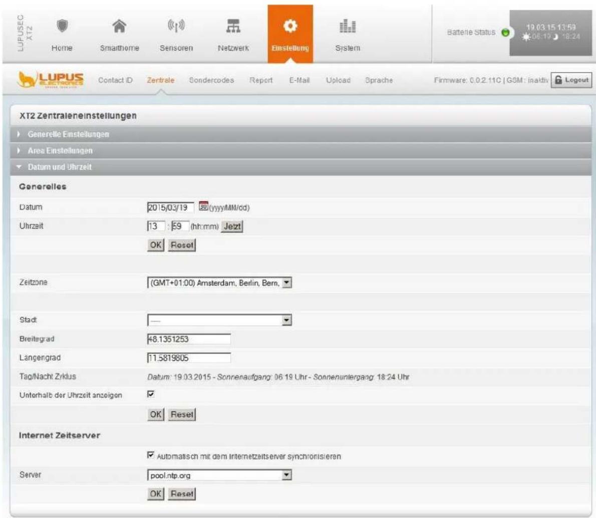 LUPUSEC XT2 Home Smathome Sensoren Netzwerk Einstellung System Batterie Status 19.03.15 13:59 06:12 18:24 LUPUS Contact ID Zentrale Sondercodes Report E-Mail Upload Sprache Firmware: 0.0.2.11C | GSM : inaktiv Logout XT2 Zentraleneinstellungen Generelle Einstellungen Area Einstellungen Datum und Uhrzeit Generelles Datum 2015/03/19 (yyyy/MM/dd) Uhrzeit 13 : 59 (hh:mm) Jetzt OK Reset Zeitzone (GMT+01:00) Amsterdam, Berlin, Bern. Stadt — Breitegrad 48.1351253 Langengrad 11.5819805 Tag/Nacht Zyklus Datum: 19.03.2015 - Sonnenaufgang: 06.19 Uhr - Sonnenuntergang: 18:24 Uhr Unterhalb der Uhrzeit anzeigen OK Reset Internet Zeitserver Automatisch mit dem Internetzeitserver synchronisieren Server pool.ntp.org OK Reset