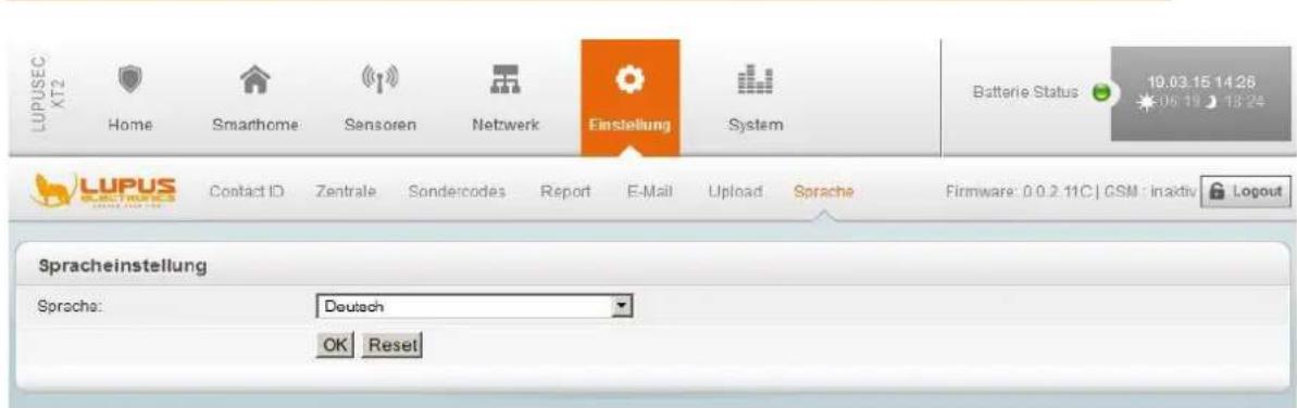 LUPUSEC KT2 Home Smarthome Sensoren Netzwerk Einstellung System Batterie Status 19.03.15 14:26 06:19 18:24 LUPUS ENSUERES Spracheinstellung Sprache: Deutsch OK Reset
