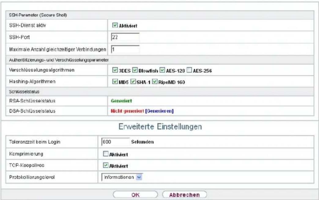 SSH-Parameter (Secure Shell) SSH-Dienst aktiv SSH-Port Maximale Anzahl gleichzeitiger Verbindungen Authentilizierungs- und Verschlüsselungsparameter Verschlüsselungsalgorithmen Hashing-Algorithmen Schlüsselstatus RSA-Schlüsselstatus DSA-Schlüsselstatus Erweiterte Einstellungen Toleranzzelt beim Login 600 Sekunden Komprimierung Aktiviert TCP-Keepalives Aktiviert Protokoliarungslovel Informationen OK Abbrechen