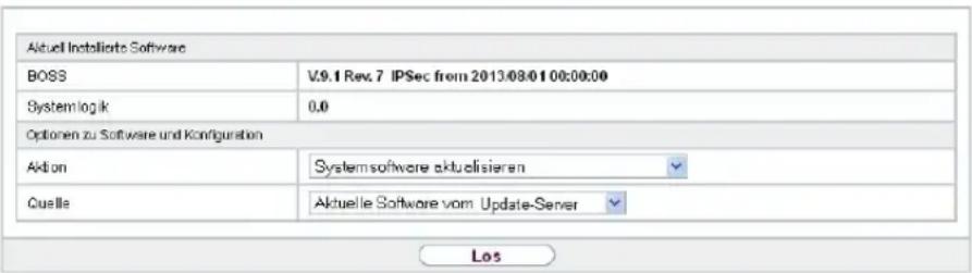 Aktuell Installierte Software BOSS V.9.1 Rev.7 IPSec from 2013/08/01 00:00:00 System log ik 0,0 Optionen zu Software und Konfiguration Aktion Systemsoftware aktuellisieren Quelle Aktuelle Software vom Update-Server Los