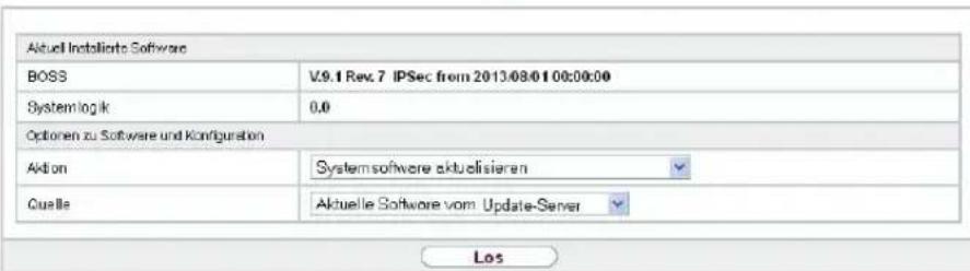 Aktuell Instalierte Software BOSS V.9.1 Rev. 7 IPSec from 2013/08/01 00:00:00 System log ik 0,0 Optionen zu Software und Konfiguration Aktion System software aktuelisieren Qualle Aktuelle Software vom Update-Server Los