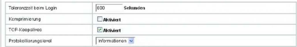 Toleranzeit beim Login 600 Sekunden Komprimierung Aktiviert TCP-Keepalives Aktiviert Protokoliarungslevel informationen