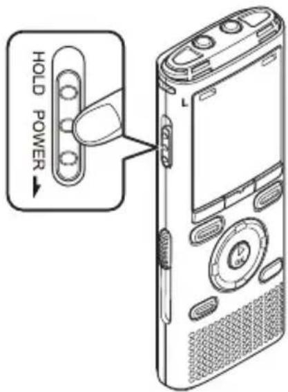 OLYMPUS WS-831 - Schieben Sie den POWER/HOLD-Schalter für mindestens eine halbe Sekunde in Pfeilrichtung. - 1