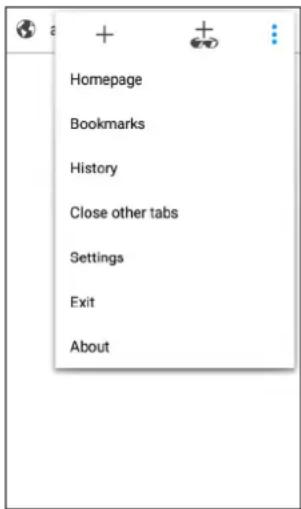 Homepage Bookmarks History Close other tabs Settings Exit About