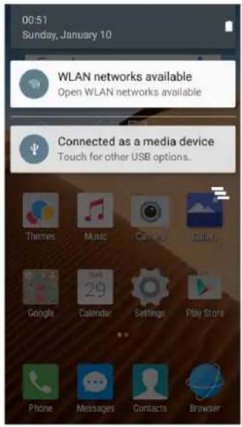 00:51 Sunday, January 10 WLAN networks available Open WLAN networks available Connected as a media device Touch for other USB options. Themes Music Calls Battery Google Calendar Settings Play Store Phone Messages Contacts Browser