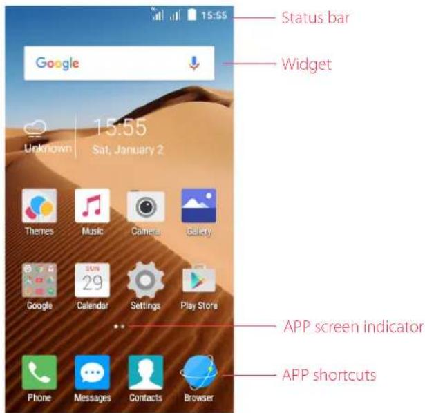 15:55 Status bar Google Widget Unknown 15:55 Sat. January 2 Themes Music Camera Gallery Google Calendar Settings Play Store APP screen indicator Phone Messages Contacts Browser APP shortcuts