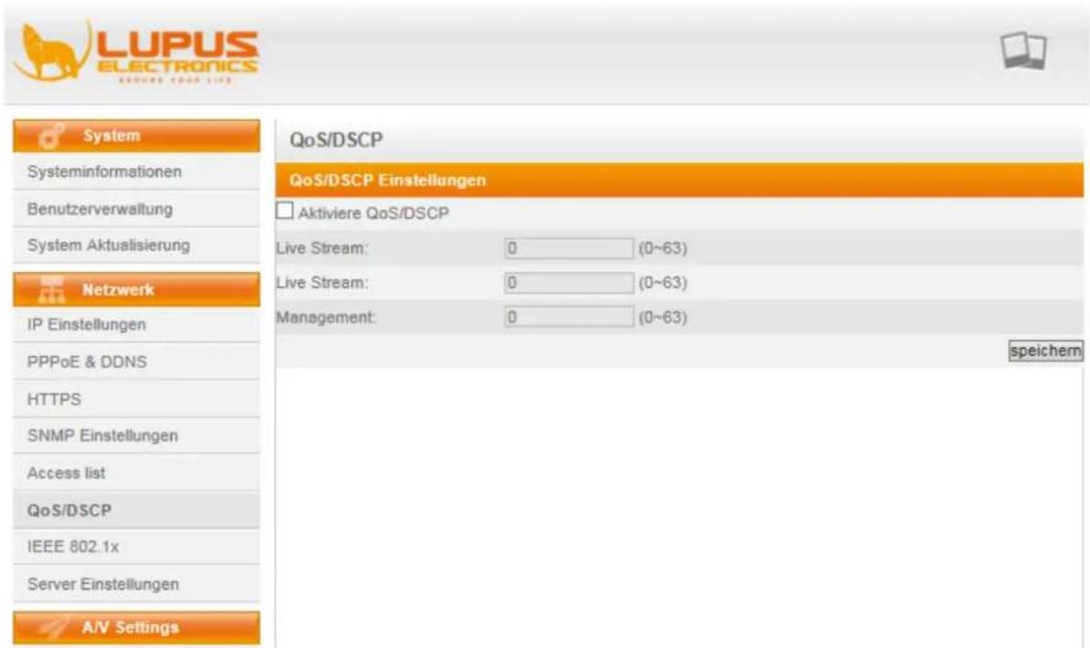 LUPUS ELECTRONICS System Systeminformationen Benutzerverwaltung System Aktualisierung Netzwerk IP Einstellungen PPPoE & DDNS HTTPS SNMP Einstellungen Access list QoS/DSCP IEEE 802.1x Server Einstellungen A/V Settings QoS/DSCP QoS/DSCP Einstellungen Aktiviere QoS/DSCP Live Stream: 0 (0~63) Live Stream: 0 (0~63) Management: 0 (0~63) speichern