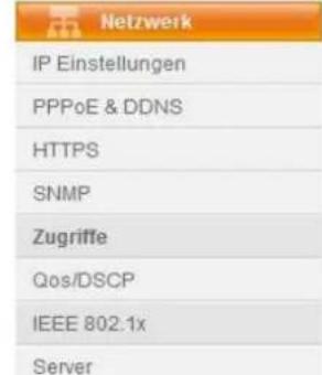 Netzwerk IP Einstellungen PPPoE & DDNS HTTPS SNMP Zugriffe Qos/DSCP IEEE 802.1x Server
