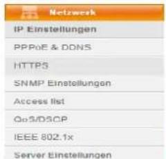 Netzwerk IP Einstellungen PPPoE & DONS HTTPS SNMP Einstellungen Access list QoS/DSCP IEEE 802.1x Server Einstellungen