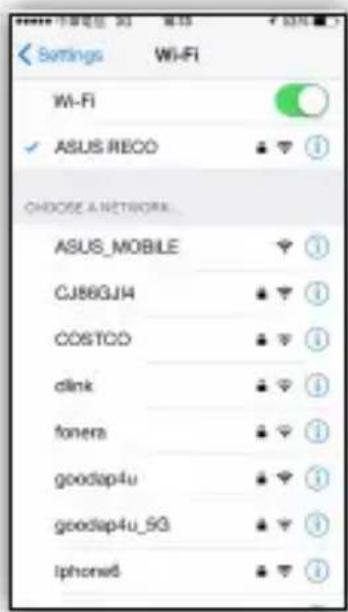 Settings Wi-Fi Wi-Fi ✓ ASUS RECO Choose A NETWORK... ASUS_MOBILE CJ88GJ4 COSTCO clink fonera goodap4u goodap4u_5G lphone6