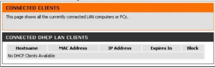CONNECTED CLIENTS This page shows all the currently connected LAN computers or PCs. CONNECTED DHCP LAN CLIENTS Hostname MAC Address IP Address Expires In Block No DHCP Clients Available