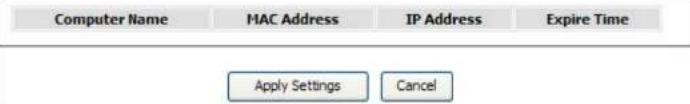 Computer Name MAC Address IP Address Expire Time Apply Settings Cancel