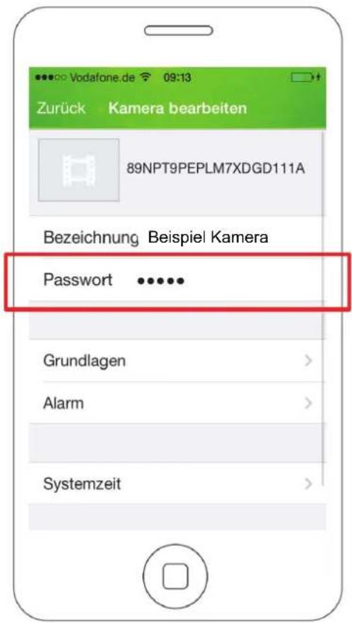 Vodafone.de 09:13 Zurück Kamera bearbeiten 89NPT9PEPLM7XDGD111A Bezeichnung Beispiel Kamera Password ...... Grundlagen > Alarm > Systemzeit >