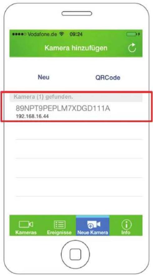 Vodafone.de 09:24 Kamera hinzufügen Neu QRCode Kamera (1) gefunden. 89NPT9PEPLM7XDGD111A 192.168.16.44 Kameras Ereignisse Neue Kamera Info