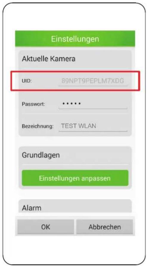 Einstellungen Aktuelle Kamera UID: 89NPT9PEPLM7XDG Password: ••••• Bezeichnung: TEST WLAN Grundlagen Einstellungen anpassen Alarm OK Abbrechen