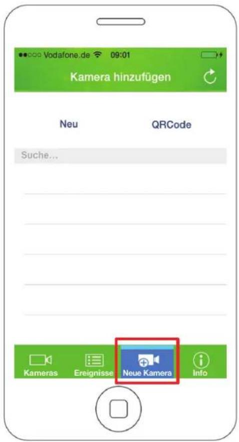 Vodafone.de 09:01 Kamera hinzufügen Neu QRCode Suche... Kameras Ereignisse Neue Kamera Info