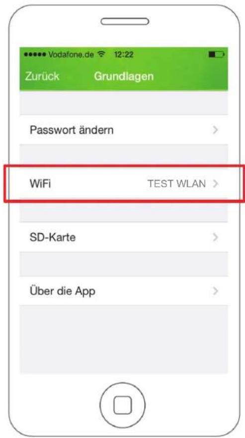 Vodafone.de 12:22 Zurück Grundlagen Password ändern WiFi TEST WLAN SD-Karte Über die App