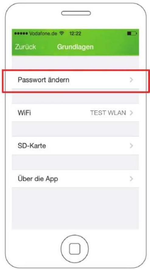 Vodafone.de 12:22 Zurück Grundlagen Password ändern > WiFi TEST WLAN > SD-Karte > Über die App >