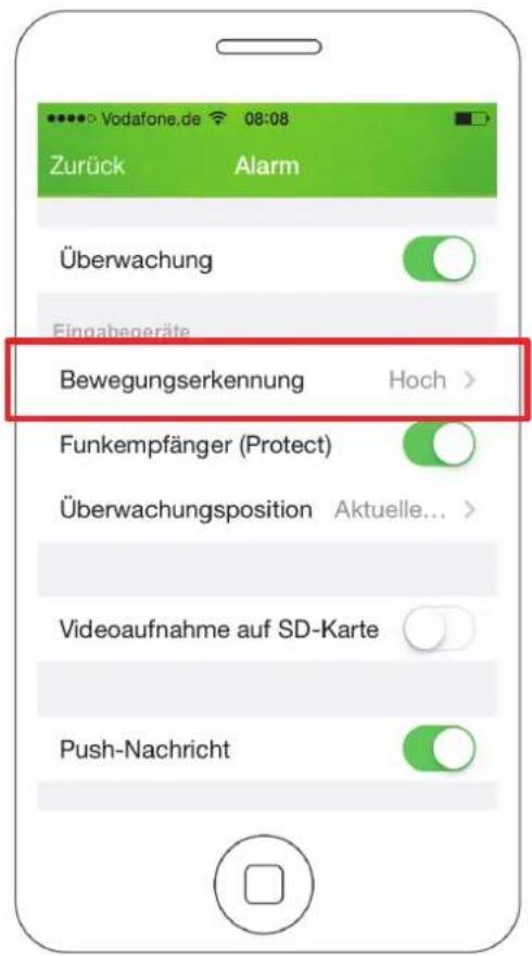Vodafone.de 08:08 Zurück Alarm Überwachung Fingabegeräte Bewegungserkennung Hoch > Funkempfänger (Protect) Überwachungsposition Aktuelle... Videoaufnahme auf SD-Karte Push-Nachricht