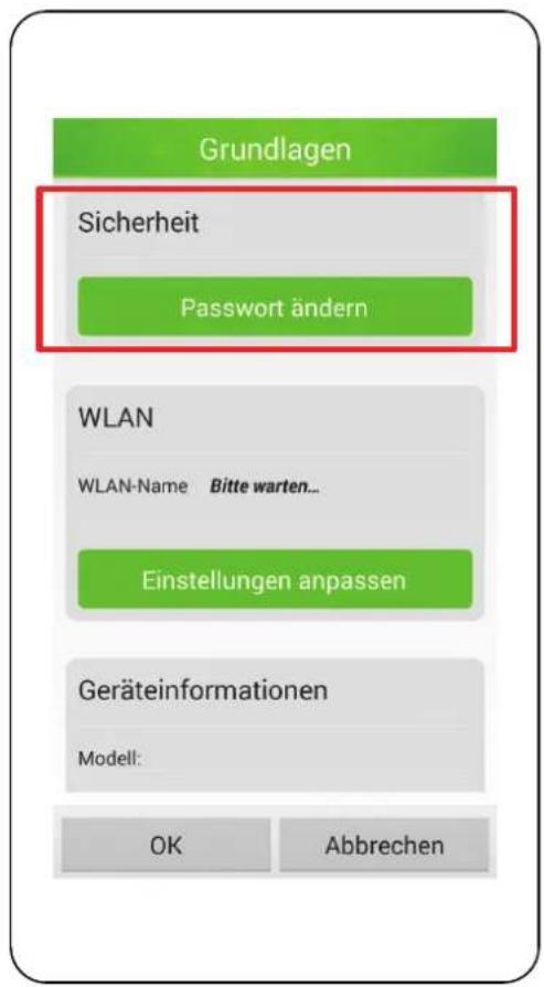 Grundlagen Sicherheit Password ändern WLAN WLAN-Name Bitte warten... Einstellungen anpassen Geräteinformationen Modell: OK Abbrechen