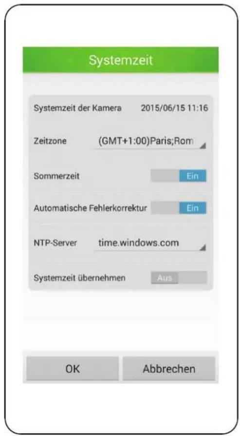 Systemzeit Systemzeit der Kamera 2015/06/15 11:16 Zeitzone (GMT+1:00)Paris;Rom Sommerzeit Ein Automatische Fehlerkorrektur Ein NTP-Server time.windows.com Systemzeit übernehmen Aus OK Abbrechen