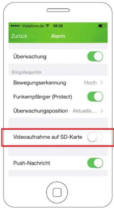 Vodafone.de 08:08 Zurück Alarm Überwachung Eingabegeräte Bewegungserkennung Hoch > Funkempfänger (Protect) Überwachungsposition Aktuelle... Videoaufnahme auf SD-Karte Push-Nachricht