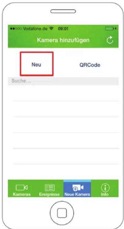 Vodafone.de 09:01 Kamera hinzufügen Neu QRCode Suche... Kameras Ereignisse Neue Kamera Info